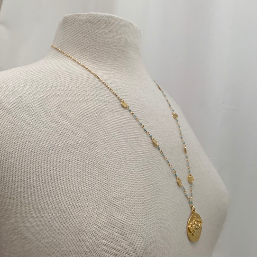 Long Vermeil & Turquoise Chain w/Crown Pendant - Picture 4 of 7